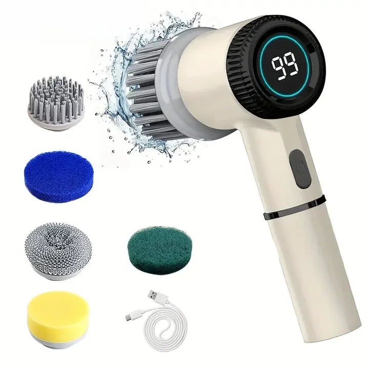 Electric Cleaning Brush LED Display with 5 Replaceable Brush Heads 3-speed Adjustable Cleaning Tool For Kitchen Bathroom