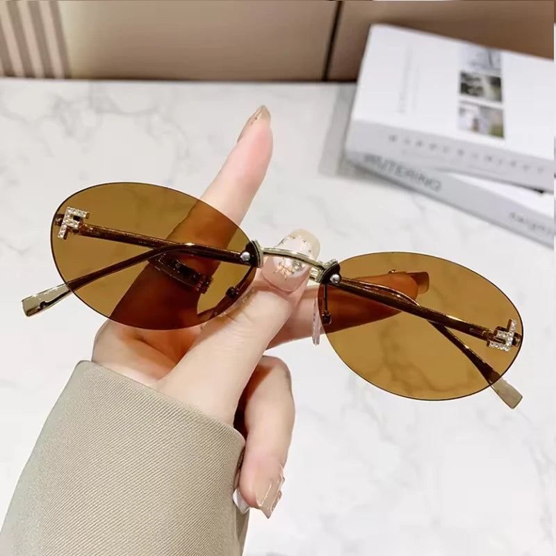 Hiking Trendy Rimless Small Oval Anti Light Glasses Famale Retro Metal Frame Design Shades Outdoors Casual Vacation UV400