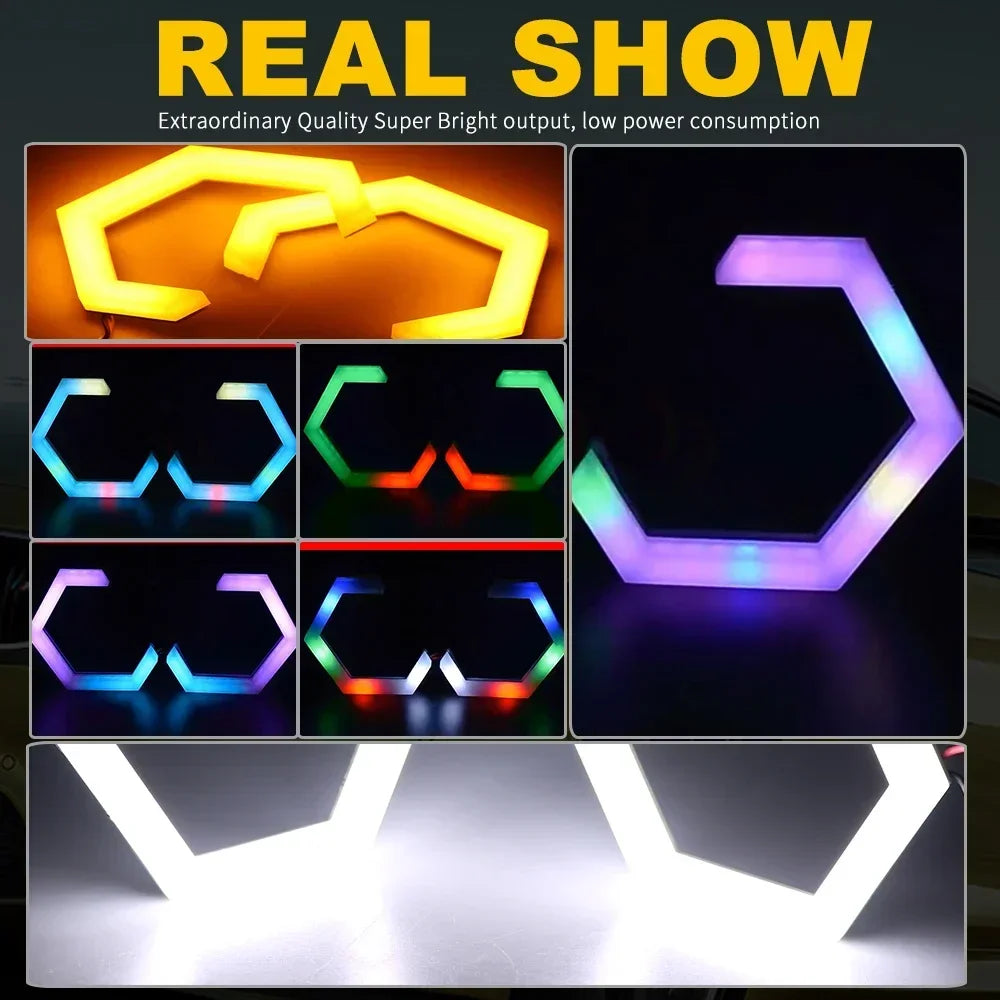 12V 24V RGB Hexagon Angel Eyes Halo Rings Retrofit Headlight Car Motorcycle Switchback White DRL+Amber Turn Signal Light