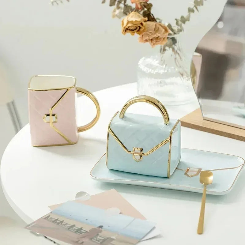 Handbag Shape Coffee Mug and Saucer Set Ceramic Tea Cup Gift with Luxury Aesthetic for Dessert Afternoon Water Cup Drinkware