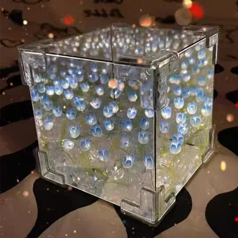 DIY Tulip Mirror Cube Lamp Simulation Flower Bedroom Sleeping Table Lamp Handmade Craft Tulips Mirror Night Light Birthday Gifts