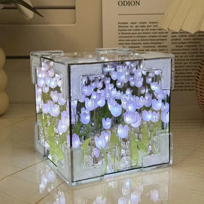 DIY Tulip Mirror Cube Lamp Simulation Flower Bedroom Sleeping Table Lamp Handmade Craft Tulips Mirror Night Light Birthday Gifts