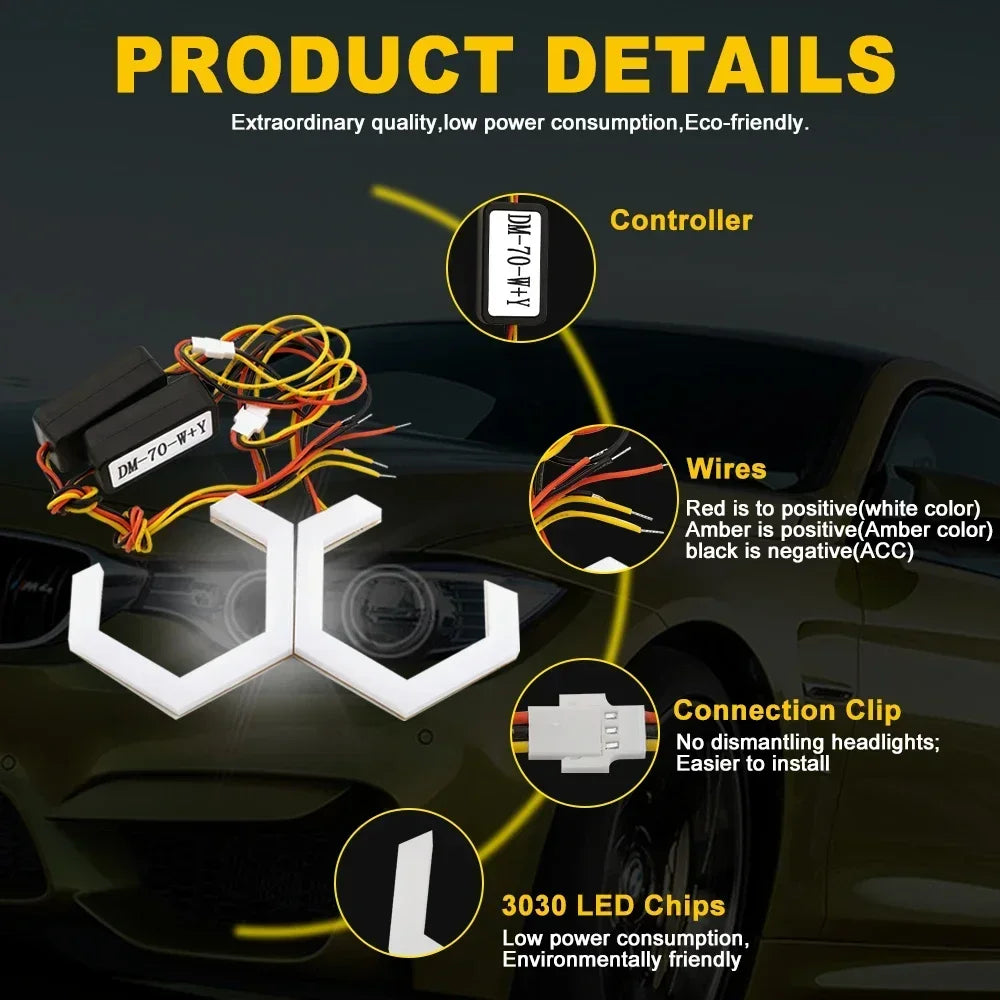 12V 24V RGB Hexagon Angel Eyes Halo Rings Retrofit Headlight Car Motorcycle Switchback White DRL+Amber Turn Signal Light