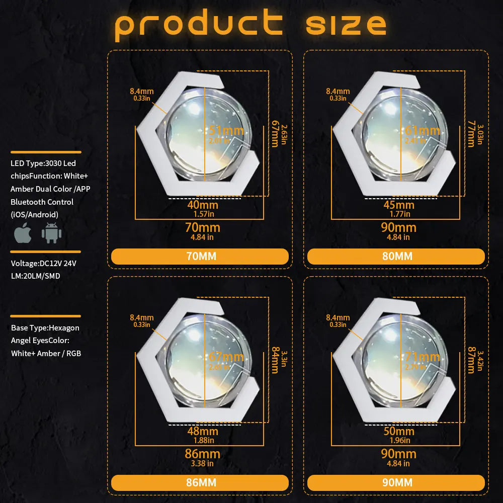 2PCS RGB+Yellow Amber Turn Signal Function Angel Eyes Halo Ring Bluetooth APP Car UTV Motorcycle DRL Headlight Decorative Light