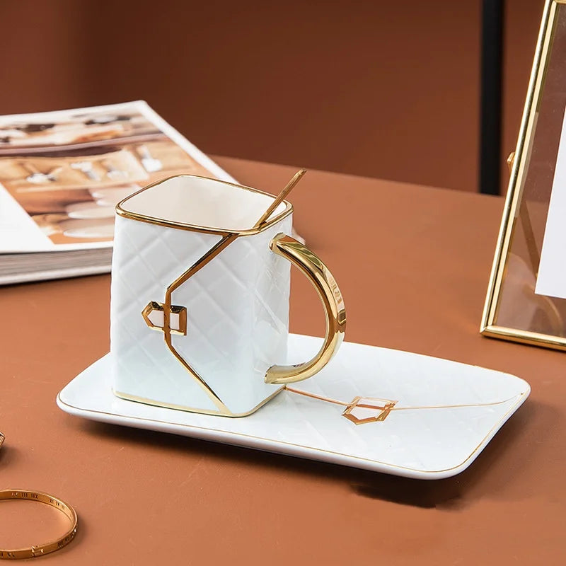 Handbag Shape Coffee Mug and Saucer Set Ceramic Tea Cup Gift with Luxury Aesthetic for Dessert Afternoon Water Cup Drinkware