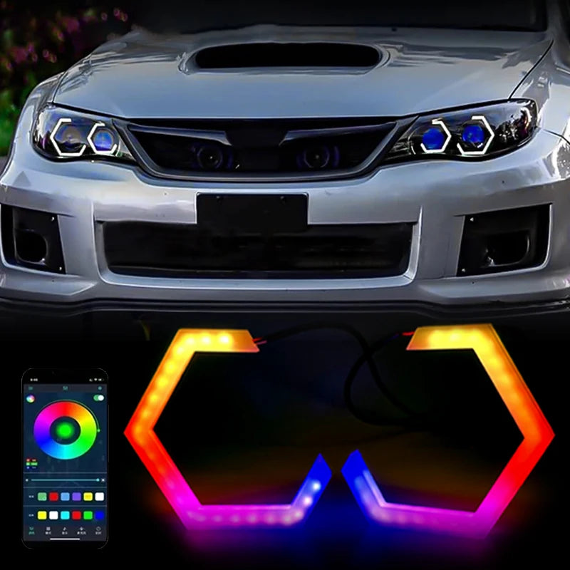 12V 24V RGB Hexagon Angel Eyes Halo Rings Retrofit Headlight Car Motorcycle Switchback White DRL+Amber Turn Signal Light