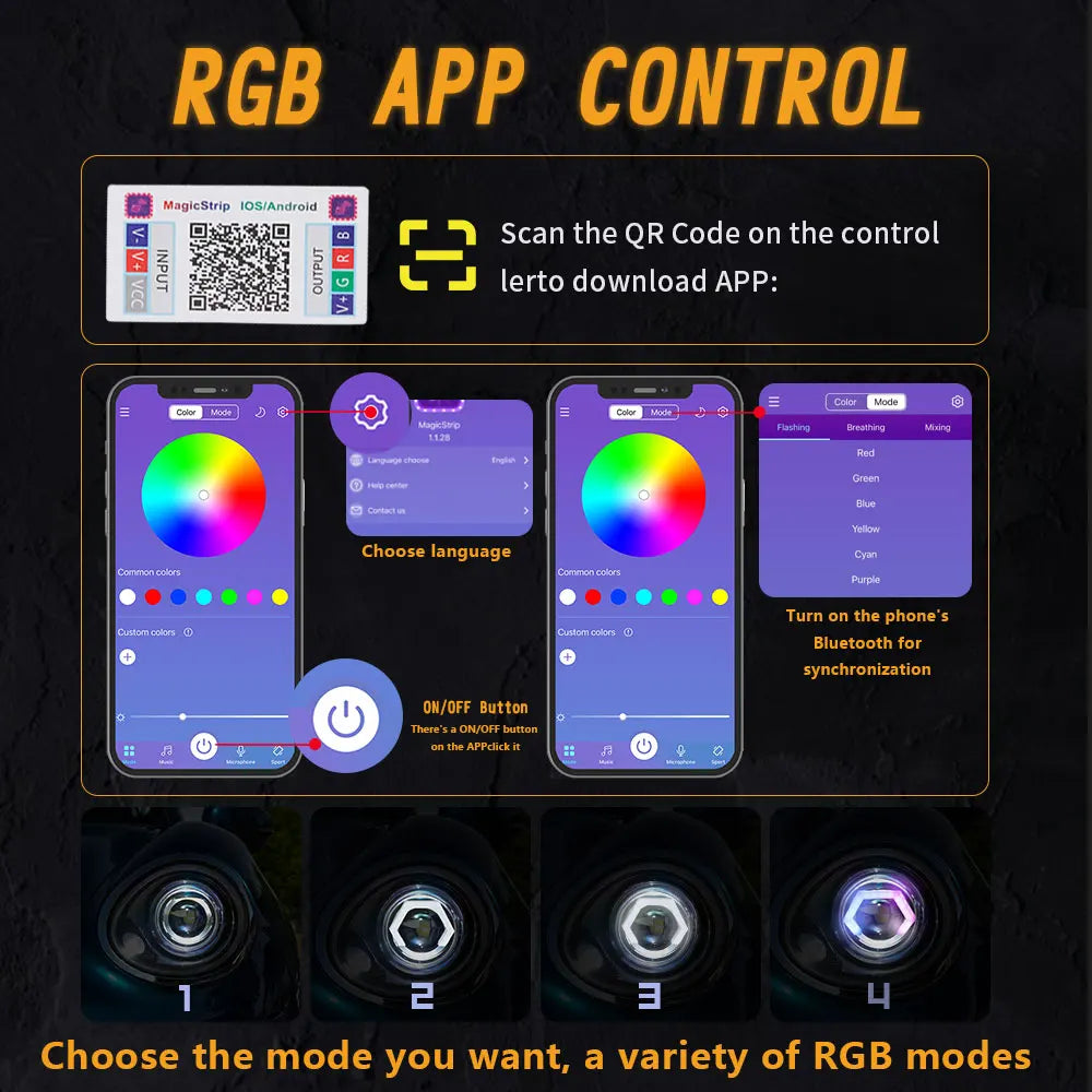 2PCS RGB+Yellow Amber Turn Signal Function Angel Eyes Halo Ring Bluetooth APP Car UTV Motorcycle DRL Headlight Decorative Light