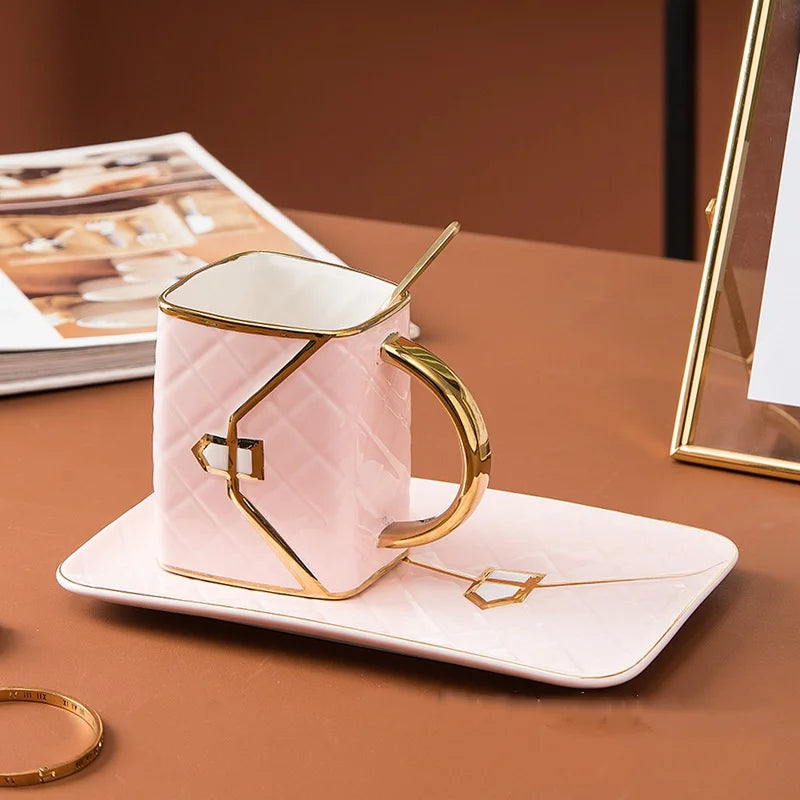Handbag Shape Coffee Mug and Saucer Set Ceramic Tea Cup Gift with Luxury Aesthetic for Dessert Afternoon Water Cup Drinkware